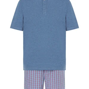 Pijama Hombre Verano Corto Tapeta Algodón Punto Liso Tela Cuadros - Azul 3603_30