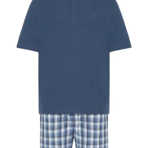 Pijama Hombre Verano Corto Tapeta Algodón Punto Liso Tela Cuadros - Azul 3602_38