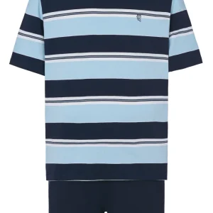 Pijama Hombre Verano Corto Tapeta Algodón Cuello Redondo Punto Rayas - Azul 3082_39