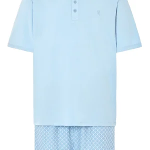 Pijama Hombre Verano Corto Tapeta Algodón Punto Liso Tela Estampado - Azul 3607_30