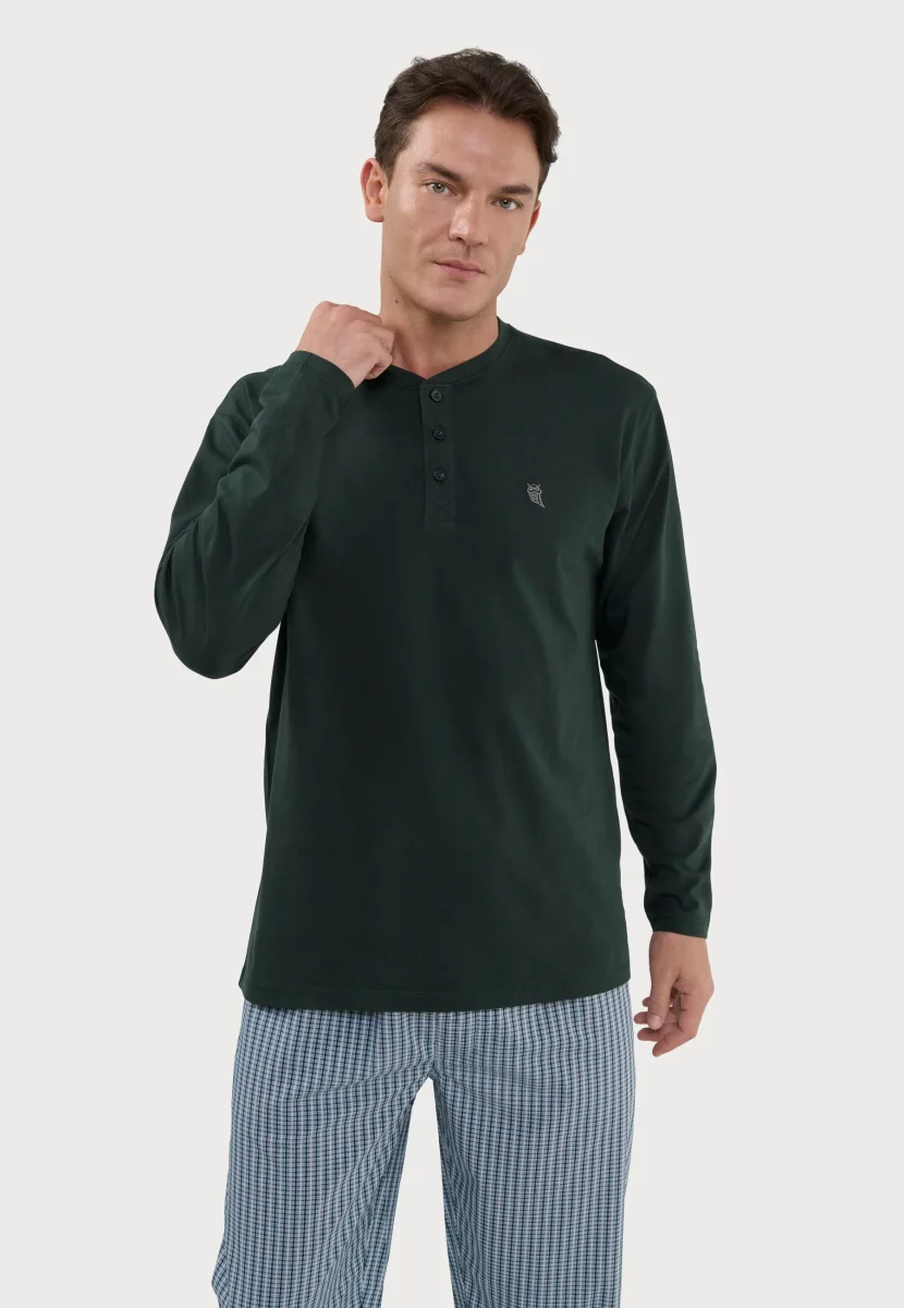 Camiseta Pijama Hombre Manga Larga Tapeta Algodón Lisa - Verde 7532_46 – Image 3