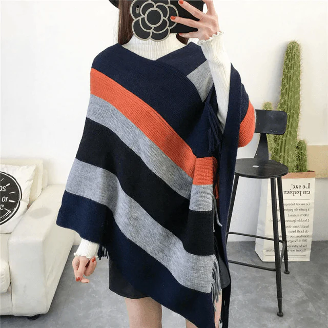 Poncho Rayures Chaud Femme – Image 9