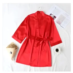 Peignoir Court Rouge Satiné Femme Manches Courtes Été