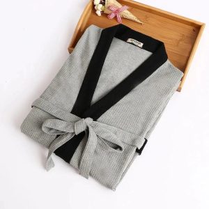 Peignoir Kimono Homme Gris Gaufré en Coton Confortable