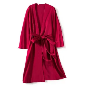 Déshabillé Satin Rouge Femme – Col V Manches Longues