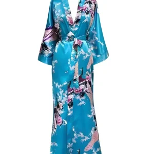 Peignoir Bleu Satin Motif Floral Paon Femme