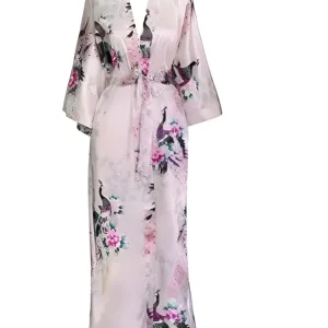 Peignoir Long Rose Motif Paon et Fleurs Satiné Femme