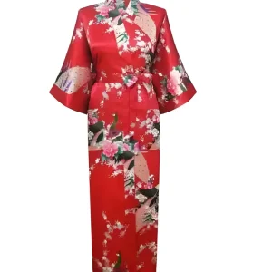 Kimono Long Satiné Femme Rouge Motif Paon Floral