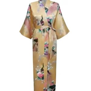 Peignoir Kimono Jaune Motif Floral et Paon pour Femme