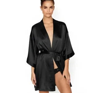 Peignoir Kimono Noir Satin Femme Élégant Manches Courtes