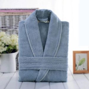 Peignoir Coton Éponge Bleu Gris Col Châle Unisexe