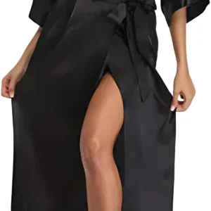 Peignoir Satin Noir Femme Kimono Long Manches Courtes