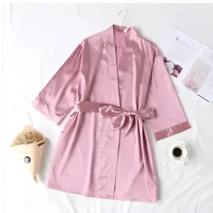Peignoir Court Rose Satin Kimono Femme Été Élégant