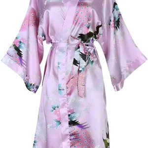 Peignoir Kimono Rose Motif Paon et Pivoine Femme
