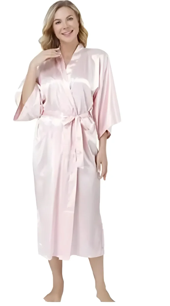Peignoir Long Satin Rose Poudré Femme Kimono Élégant – Image 2
