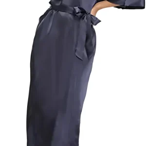 Peignoir Satin Bleu Marine Femme Kimono Long Mi-Mollet
