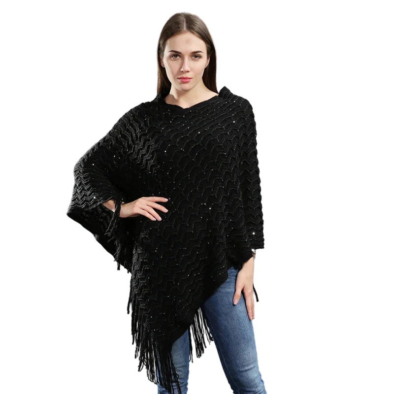 Poncho Paillettes Tricot Asymétrique Longues Franges – Image 2