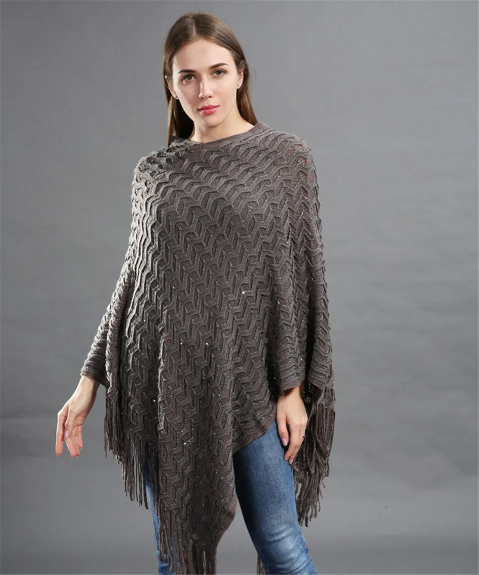 Poncho Paillettes Tricot Asymétrique Longues Franges – Image 8