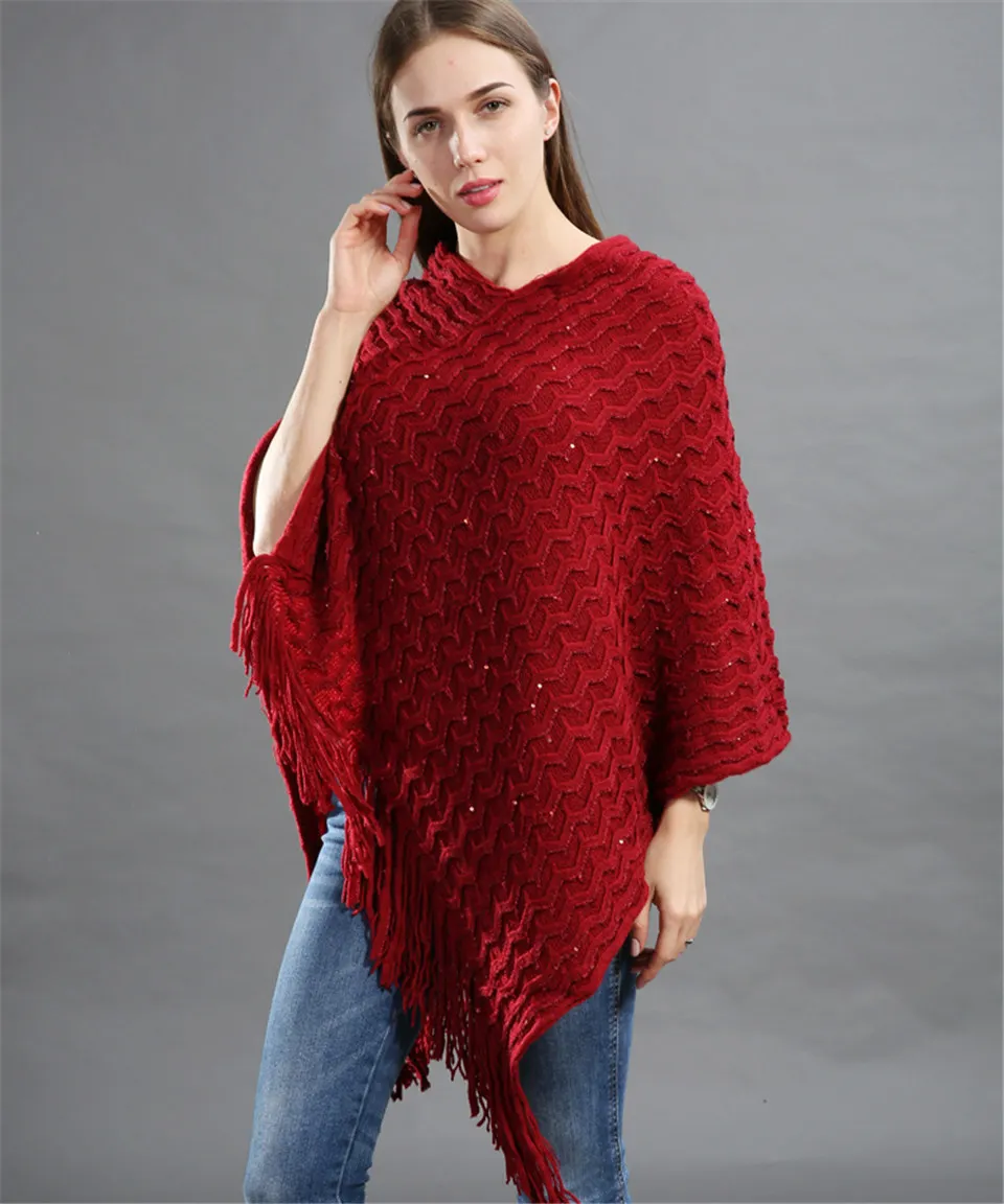 Poncho Paillettes Tricot Asymétrique Longues Franges – Image 9