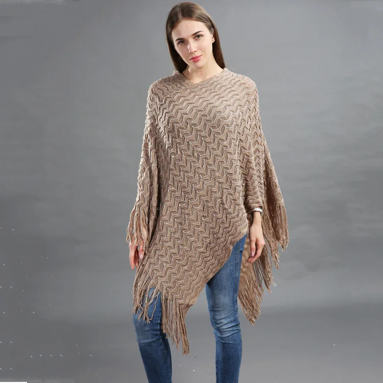 Poncho Paillettes Tricot Asymétrique Longues Franges – Image 7