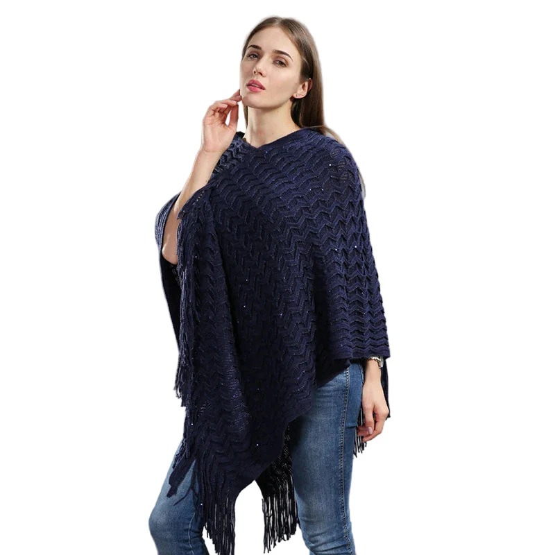 Poncho Paillettes Tricot Asymétrique Longues Franges – Image 3