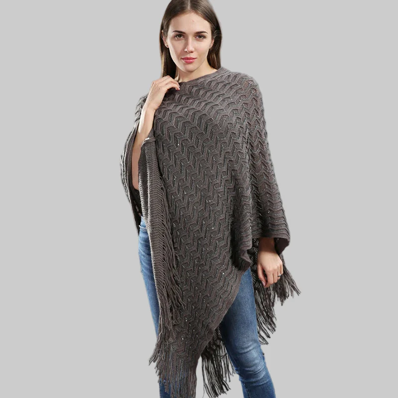 Poncho Paillettes Tricot Asymétrique Longues Franges – Image 6
