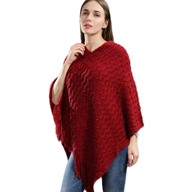 Poncho Paillettes Tricot Asymétrique Longues Franges – Image 4