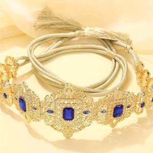 Ceinture Bijou Orientale Dorée Strass Bleu Saphir Femme