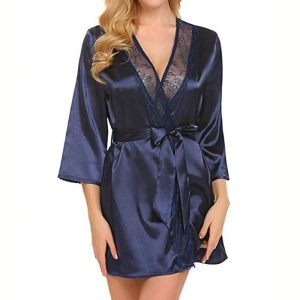 Déshabillé Satin Dentelle Bleu Nuit Femme Cache-Cœur
