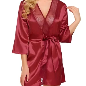 Déshabillé Satin Bordeaux Dentelle Femme Élégant Nuisette