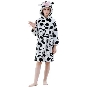 Peignoir Enfant Polaire Motif Vache Blanc et Noir