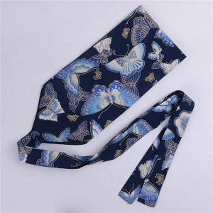 Ceinture Obi Bleu Marine Motif Papillons Dorés Style Kimono