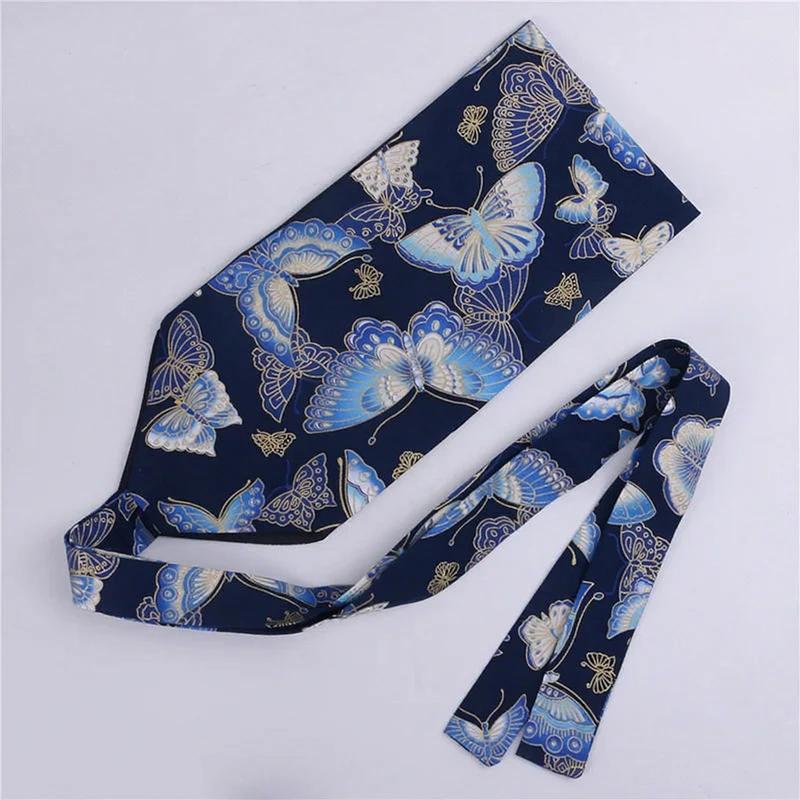 Ceinture Obi Bleu Marine Motif Papillons Dorés Style Kimono