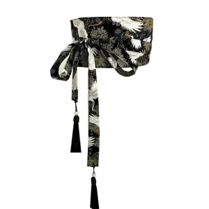 Ceinture Obi Japonaise Noire Grues et Chrysanthèmes