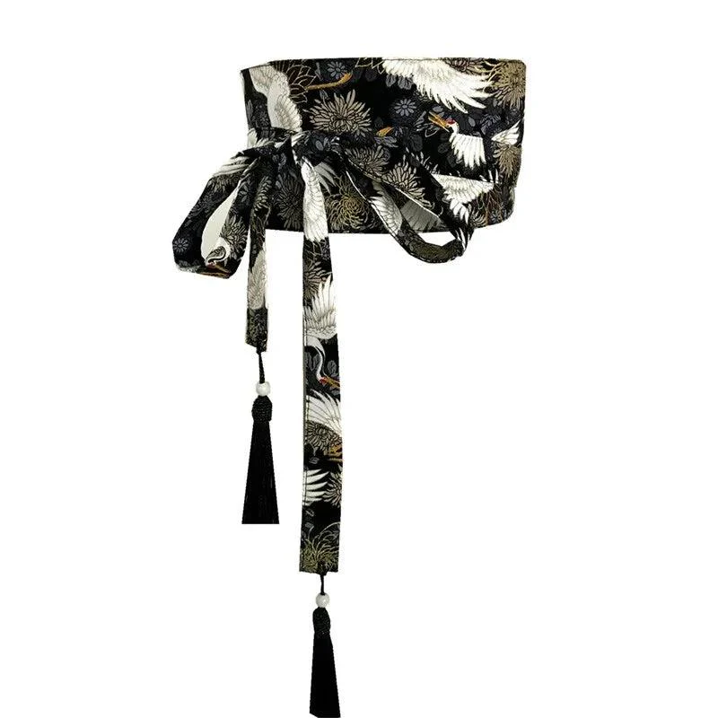 Ceinture Obi Japonaise Noire Grues et Chrysanthèmes