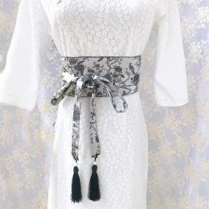 Ceinture Obi Large Grise à Motifs Floraux Femme