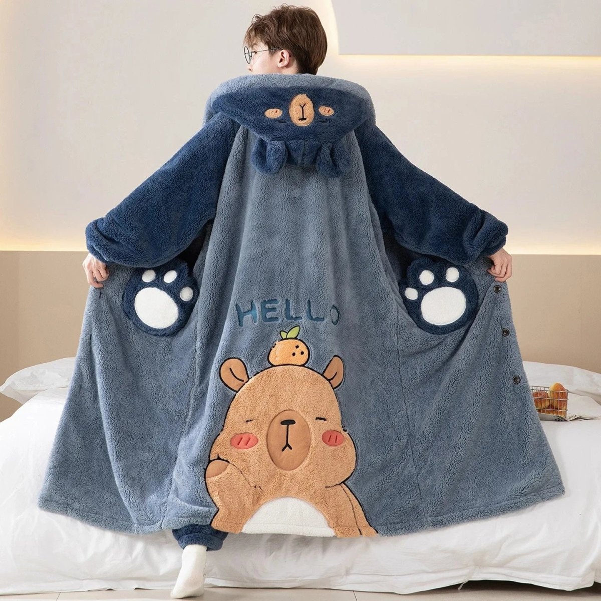 Peignoir Ours Kawaii Bleu Gris Enfant & Adulte Polaire – Image 2