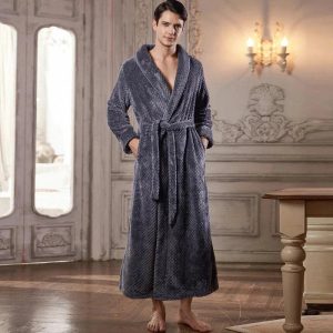 Peignoir Long Homme Gris Polaire Col Châle avec Ceinture
