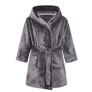 Peignoir Gris à Capuche Polaire Doux pour Enfant