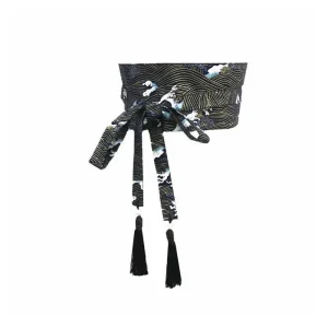 Ceinture Obi Japonaise Vagues Noir Or Bleu Blanc