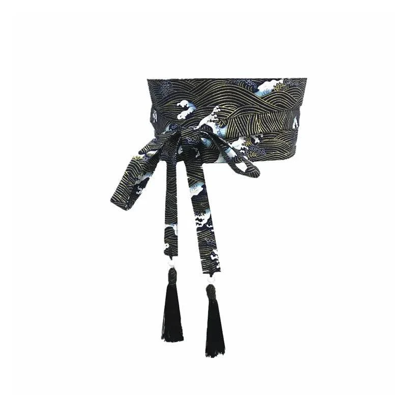 Ceinture Obi Japonaise Vagues Noir Or Bleu Blanc
