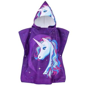 Cape de Bain Licorne Violet Enfant à Capuche Étoiles