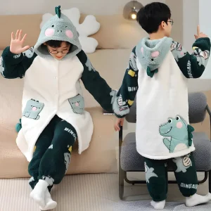 Pyjama Dinosaure Vert Enfant avec Capuche et Poches