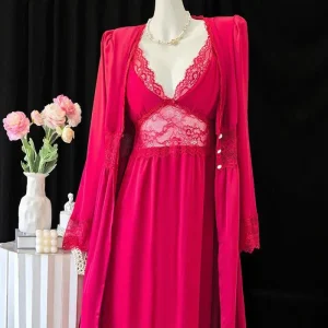 Déshabillé Satin Rouge Cerise – Ensemble Nuisette & Robe