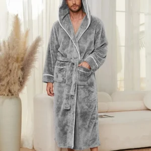 Peignoir Homme Polaire Gris à Capuche - Confort Chaud