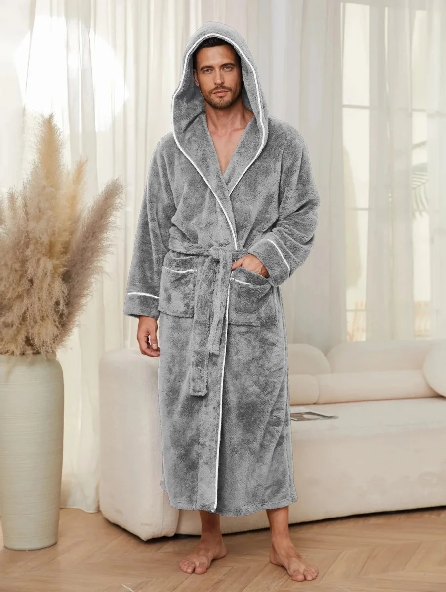 Peignoir Homme Polaire Gris à Capuche - Confort Chaud