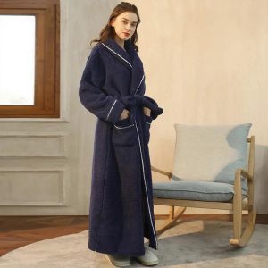 Peignoir Femme Bleu Marine Long en Polaire Épaisse