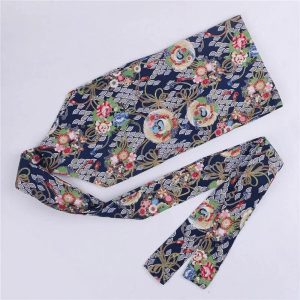 Bandeau Cheveux Japonais Bleu Marine Motif Floral Oiseaux