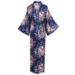 Peignoir Kimono Satiné Floral Bleu Nuit avec Poches