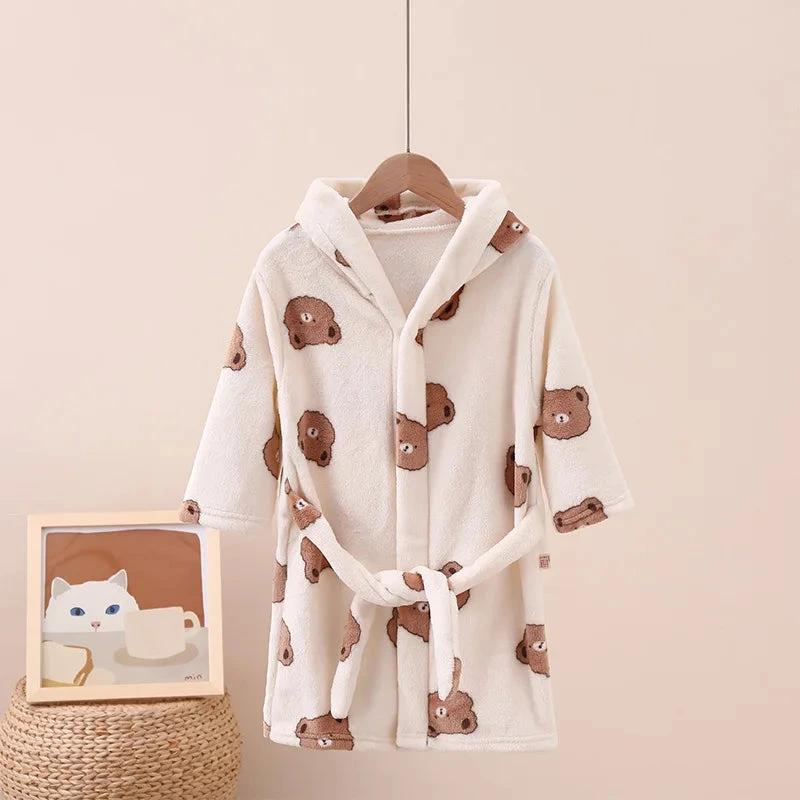 Peignoir Enfant Blanc Cassé Motif Ours Polaire à Capuche